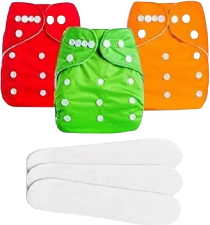 kindar care washable cloth diaper nappies with wet-free inserts, washable reusable pocket cloth diapers for new born baby, pack of 3 cloth diaper + 3 insert (multicolor),cd313