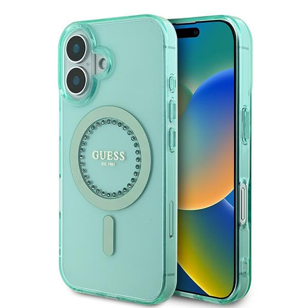 CG Mobile Guess GUHMP16MPFTDTEN Coque Rigide pour iPhone 16 Plus 6,7" Vert avec Strass IML
