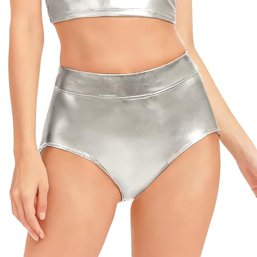 Pantalones Cortos Metalizado Braguita Metalizada Mujer Hombre, Tanga Metalica,Dance Festival Rave Cosplay Halloween Club Sexy Carnaval (FR/ES, Letras, S, Regular, Regular, Plata)