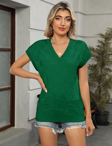 Image of LOMON Womens Summer Cap Sleeve Sweater Vest Casual V Neck Knit Short Sleeve Plaid Pullover Sweaters Loose Fit Work Tops