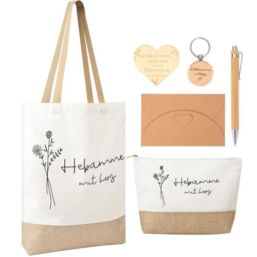 6er Set Hebamme Geschenk, Geschenk für Hebamme inklusive Hebamme mit Herz Tasche Schlüsselanhänger Kugelschreiber Herz Holzscheibe und Umschlag, Dankeschön Geschenke für Midwife Als Dankeschön