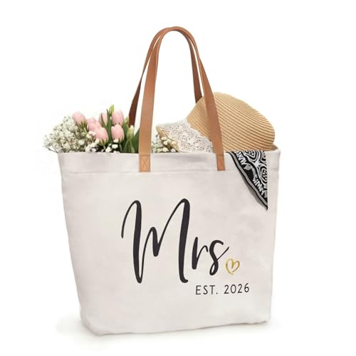 Image of ELEGANTPARK Mrs Gifts for Bride 2026 - Large Canvas Wedding Tote Bag with Zipper, Bridal Shower Gift for Bride to Be, Bachelorette Party Honeymoon Beach Bag