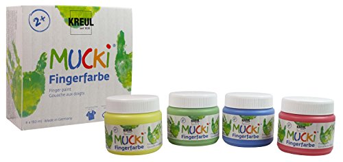 Kreul 2314 - Mucki leuchtkräftige Fingerfarbe, 4 x 150 ml in gelb, rot, blau und grün, parabenfrei, glutenfrei, laktosefrei und vegan, auswaschbar, vermalbar mit Pinsel, Schwamm und Fingern - Image 3