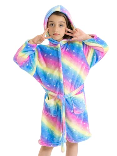 ACTLATI Girls Fleece Hooded Robe, Plush Rainbow Star Unicorn Leopard Bathrobe With Pockets for Age 3-12 Kids Christmas Gifts