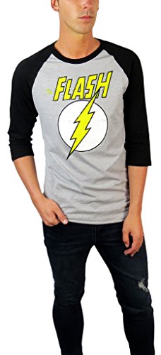 Hybrid DC Comics Mens Flash Graphic 3/4 Sleeve Raglan Tee (Small, Grey Heather/Black)