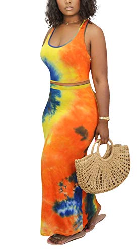 Tbahhir Women s Sexy Tie Dye Outfits Bodycon Tank Top Midi Skirts 2 Piece Dress Set Orange