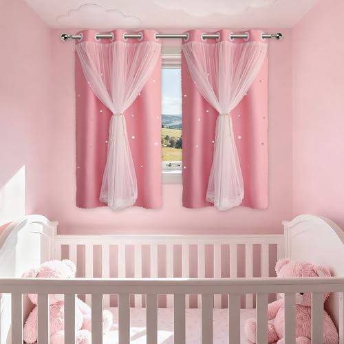Image of Pink Curtains Drapes Blackout 54 Inches Long Cute Star Cutout Nursery Decor | Girls Room Darkening Curtain Double Layer Tulle Lace 2 Panels Kids Thermal Insulated Bedroom Window Treatments Short Cortinas
