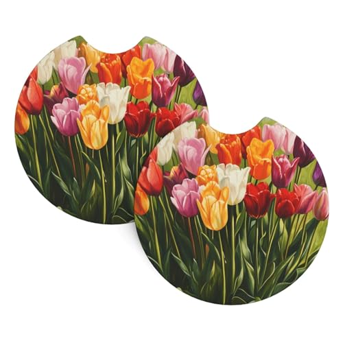 Sottobicchieri colorati stampati con tulipani per auto, decorazioni per la casa, protezioni per la tavola, confezione da 2 pezzi, diametro 6,9 cm