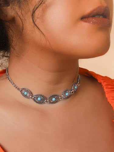 MINACHI Boho Vintage Floral Created Turquoise Necklace Choker, Old Fashion Jewelry for Women4