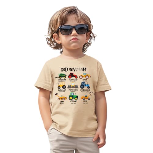 Chico para camiseta GOD SAYS I AM Impresora Camiseta Verano Niños Top Divertido Patrón Coche Camiseta Bebé Camisas Niños Camisas Cuello Redondo Manga Corta Tops Hermanos Camisetas Niños, albaricoque