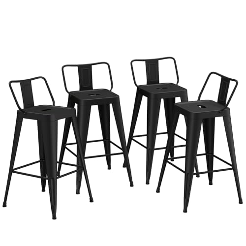 Butacos de barra metálicos, set de 4 unidades, altura de mostrador, estilo moderno e industrial, respaldo bajo (negro mate) miniatura 3