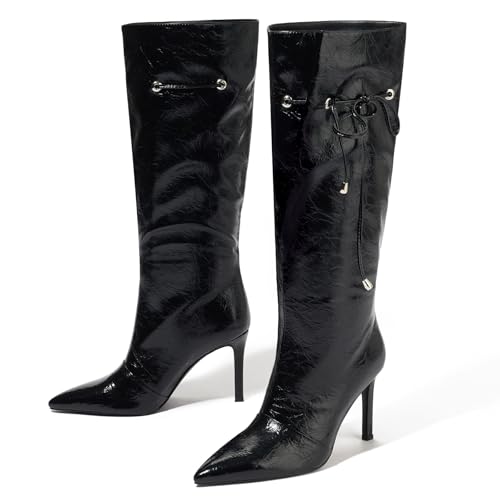 Women's Black Knee High Boots Wide Calf Pointed Toe Stilettos High Heel Pull On Boots2