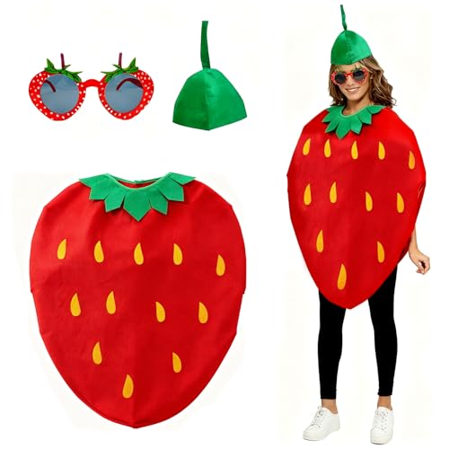 CHUANFU 1 Set Erdbeer Obst Kostüm Outfit für Erwachsene mit 1 Paar Brille und Hut, Lustiges Obstkostüm, Erdbeer Kostüm für Halloween, Karneval,...