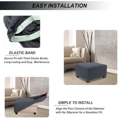 Image of NeColorLife Stretch Ottoman Cover Square Oversized Soft Knitted Jacquard Thick Covers for Large Square Ottoman Storage Stool Furniture Protector Dark Grey X-Large