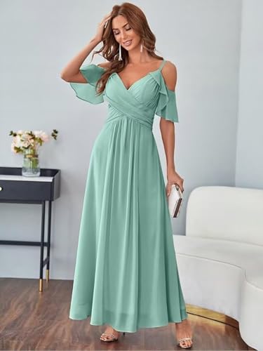Off The Shoulder Bridesmaid Dresses for Women Chiffon Ruched A Line Formal Party Dress with Slit4