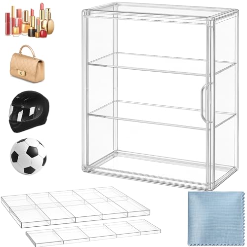 OFRIN 2 Pack Acrylic Display Case with Cleaning Cloth, Magnetic Door & 4 Adjustable Dividers, 3 Tier Clear Box, Stackable Clear Organizers, Purse Organizer for Closet, Display Cases for Collectibles