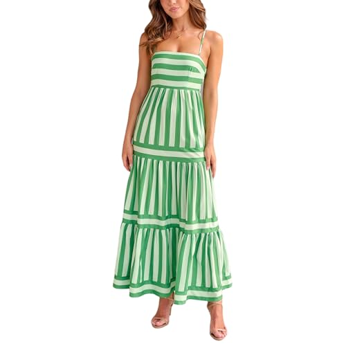 Image of Yuemengxuan Boho Maxi Dresses for Women Spaghetti Strap Flowy Smocked Long Dress Casual Summer Vacation Beach Maxi Dress