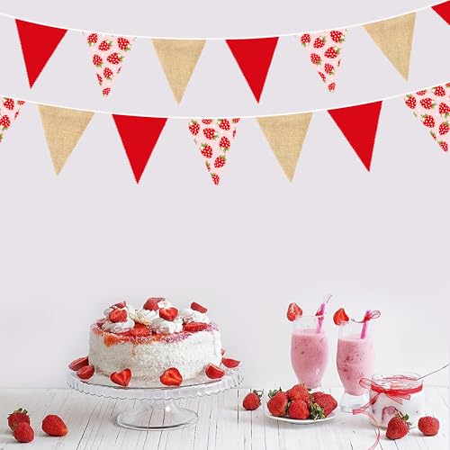 Image of 32Ft Strawberry Party Decorations Red Strawberry Burlap Triangle Flag Fabric Banner Pennant Garland Streamer for Berry Sweet Girls Birthday Wedding Engagement Baby Shower Rustic Party Decor Supplies