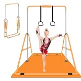 ZUETK Expandable Gymnastics Bar with Mat for Kids, Adjustable Height Junior Training Kip Bar, Folding Gymnastic Horizontal Bars Monkey Bar, Home Gym Equipment for Kid Gymnasts, Child, Girl, Boy