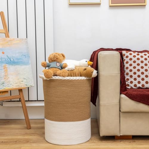 Image of ALBY Woven,Tall Wicker Laundry Basket for Blankets,Clothes,Pillows,Toys,Shoes Large Cotton Laundry Hamper for Bedroom Living Room Bathroom Nursery (12''D x 15''H INCH, BrownA)