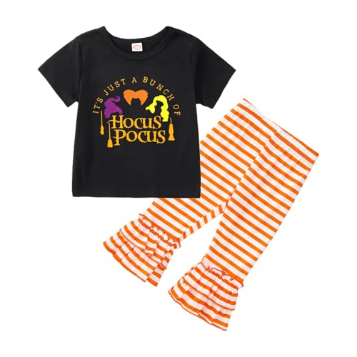 Toddler Baby Girl Halloween Outfits Hocus Pocus T-Shirts Short Sleeve Tees Stripes Bell Bottoms Pants Fall Clothes