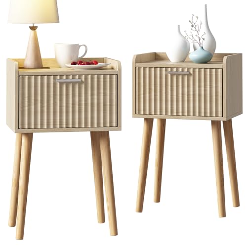 LAATOOREE Nightstand Set of 2, Small Bed Side Table with Fluted Door, End Table with Solid Wood Legs, Mid-Century Bedside Table for Bedroom Small Space