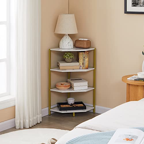 Vecelo 31 Inch Corner Shelf, 4-Tier Display Shelves, Wood Storage Stand With Metal Frame, Multipurpose Shelving Unit For Small Space, Home Office, White Marble #TOP22