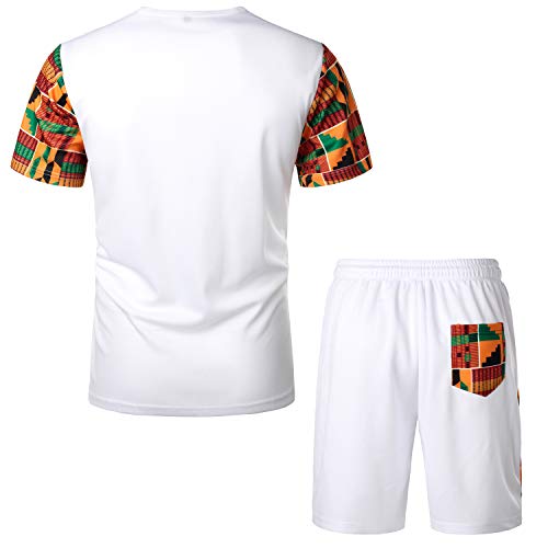Lucmatton Men's Summer 2 Piece African Pattern Printed T-Shirt And Shorts Set Sports Mesh Tracksuit Dashiki Outfits White X-Large #TOP1