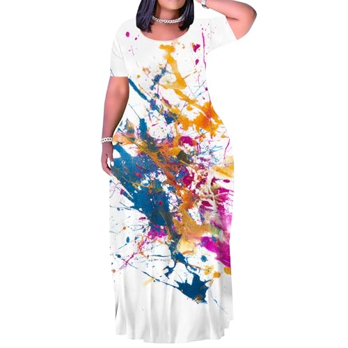 Image of PinkPatty Plus Size Dress for Women Casual Crew Neck Short Sleeve Maxi Dress Oversized Summer Beach Dresses with Pockets