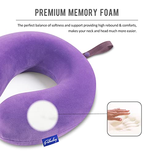 Image of Neck Pillow for Travel Memory Foam - Airplane Pillows for Sleeping with Attachable Snap Strap Soft Washable Cover, Flight Pillow for Traveling, Car, Home, Office, Provide Head Neck Support Rest Purple
