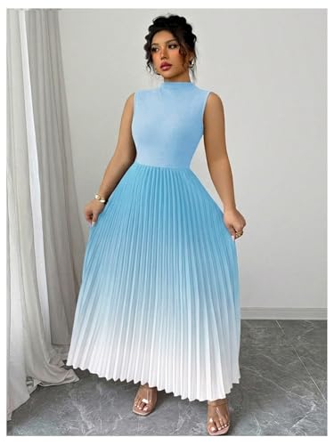 Image of SOLY HUX Women's Plus Size Summer Ombre Sleeveless Flowy Maxi Dress | Birthday, Pleated A Line, Mock Neck, Formal Outfits,Cocktail, Wedding, Graduation