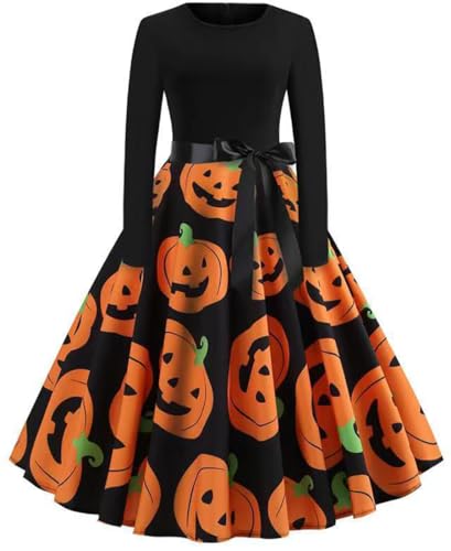RUISHH Damen Langarm Cocktaikleid mit Halloween Motiv Elegantes Partykleid Vintage Rockabilly Kleider A-Kürbis-2 XL