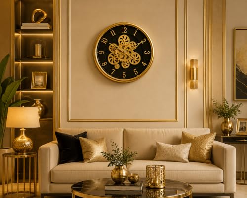 Image of Rotating Moving Gears Wall Clock 35CMS Industrial Steampunk Real Moving Gear Designer Wall Clock for Living Room Home Decor Office Wooden Look Plastic Round 14 Inch (Gold Foiling)