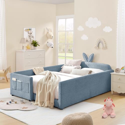 Image of Full Size Kids Bed with Rabbit Ear Headboard, Upholstered Boucle Fabric Full Daybed with Slats Support & Side Pockets, Space-Saving Wooden Corner Sofa Couch Bed Frame for Girls, Boys, Teenager(Blue)