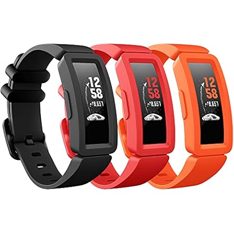 ESeekGo Compatible with Fitbit Ace 2 Bands for Kids 6+, 3-Pack Colorful Silicone Rubber Adjustable Replacement Sport Swim-Friendly Bands for Girls Boys, Black+Red+Orange Cover