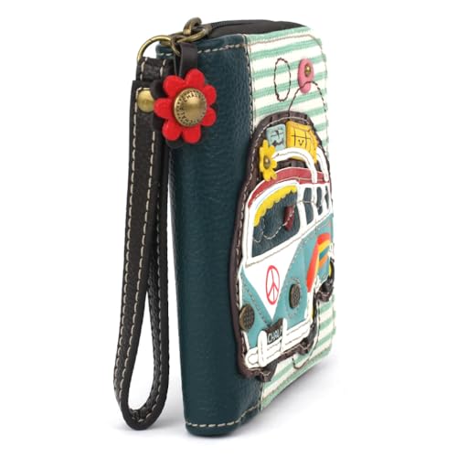 Image of CHALA Zip Around Wallet, Wristlet, 8 Credit Card Slots, Sturdy Pu Leather - Bus - teal stripe