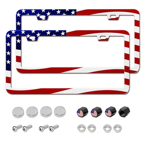Image of 2 Packs License Plate Frame American Flag Printed Aluminum Metal Licence Plate Holder for Car Universal Fit for Men Women