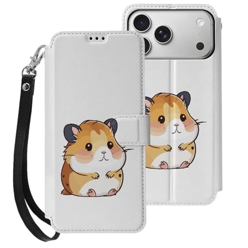 iPhone17ProMax用ケース カバー 手帳型 かわいい ハムスター アイフォン17ProMax カード収納 ストラップ付き 落下防止 横置きスタンド機能 全面保護 Case