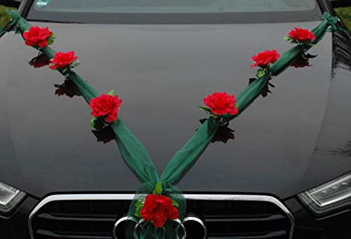 Organza M Auto Schmuck Braut Paar Rose Deko Dekoration Autoschmuck Hochzeit Car Auto Wedding Deko Girlande PKW (Rot/Grun) - Image 2