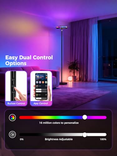 Image of Smart Floor Lamp for Living Room, 3-in-1 RGB+WW Ripple Projector Floor Lamp with RGB+IC Ambient Light and RA90 Reading Light, App & Button Control, Dimmable Modern Corner Floor Lamp, 66.8 Inch