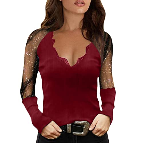 Générique Haut Femme Modèle Élégant en Dentelle avec Col en V Creux et Manches Longues T-Shirt Transparentes Décontractée Festival Blouse Décontractée Couleur Unie Respiration Shirt