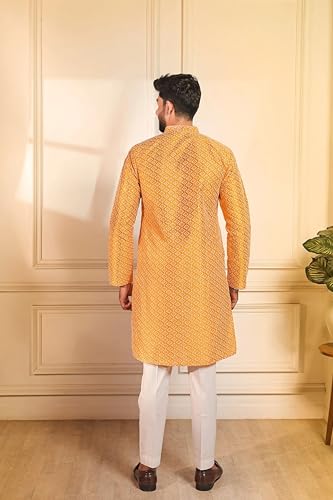 Image of LookMark Men's Printed Silk Blend Kurta with Mandarin Collar, Full Sleeves, Straight Fit Traditional Ethnic Wear