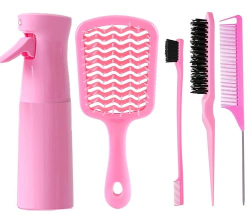 5 Pc Hair Brush Kit with Detangling Brush & Spray Bottle 3 Soft-Bristle Hairbrushes for Girls for Wet/Dry Hair Adults and Children (pink)