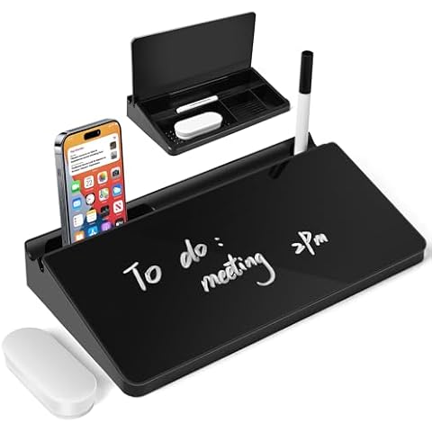 Varhomax Small Glass Desk Whiteboard, Dry Erase Desktop White Board with Storage Caddy to-do List Desk Buddy Memo Notepad for Office, School and Home Office Accessories Supplies (Black) Cover