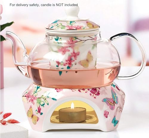 Tetera con calentador YBK Tech de cristal y porcelana fina rosa con mariposas 3