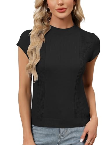 LOMON Women's Summer Cap Sleeve Knit Tops Mock Neck Business Casual Sweaters Lightweight Pullover Blouses2