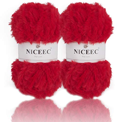 Image of NICEEC 2 Skeins Faux Fur Yarn Super Soft, Chunky & Fluffy, Eyelash Yarn for Crochet & Knitting (Total Length 70yds,3.53oz) - Strawberry Red