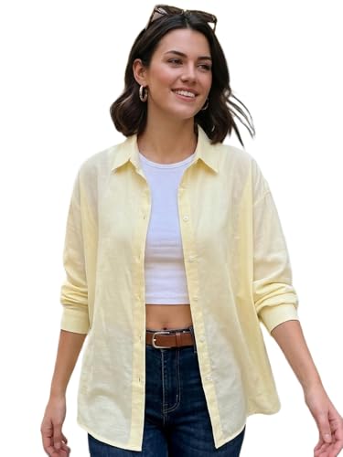 Image of Urbano Fashion Women's Cotton Full Sleeve Oversized Fit Casual Solid Slub Shirt with Spread Collar