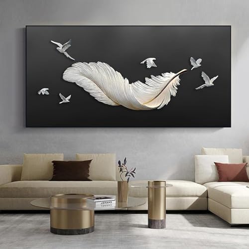 Décoration de salon minimaliste peinture de plumes blanches