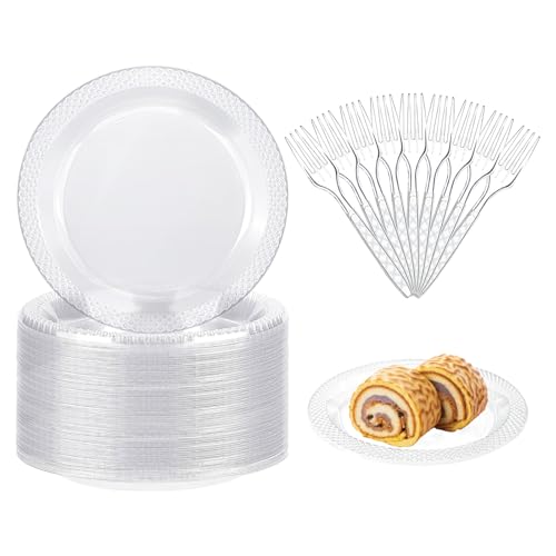 Eunika 100 Pcs Clear Plastic Plates and Forks Set, 6 Inch Disposable Dessert Plates Appetizer/Salad/Cake Plates for Wedding, Birthday, Christmas Party Supplies Eunika 100 Pcs Clear Plastic Plates and Forks Set, 6 Inch Disposable Dessert Plates Appetizer/Salad/Cake Plates for Wedding, Birthday, Christmas Party Supplies